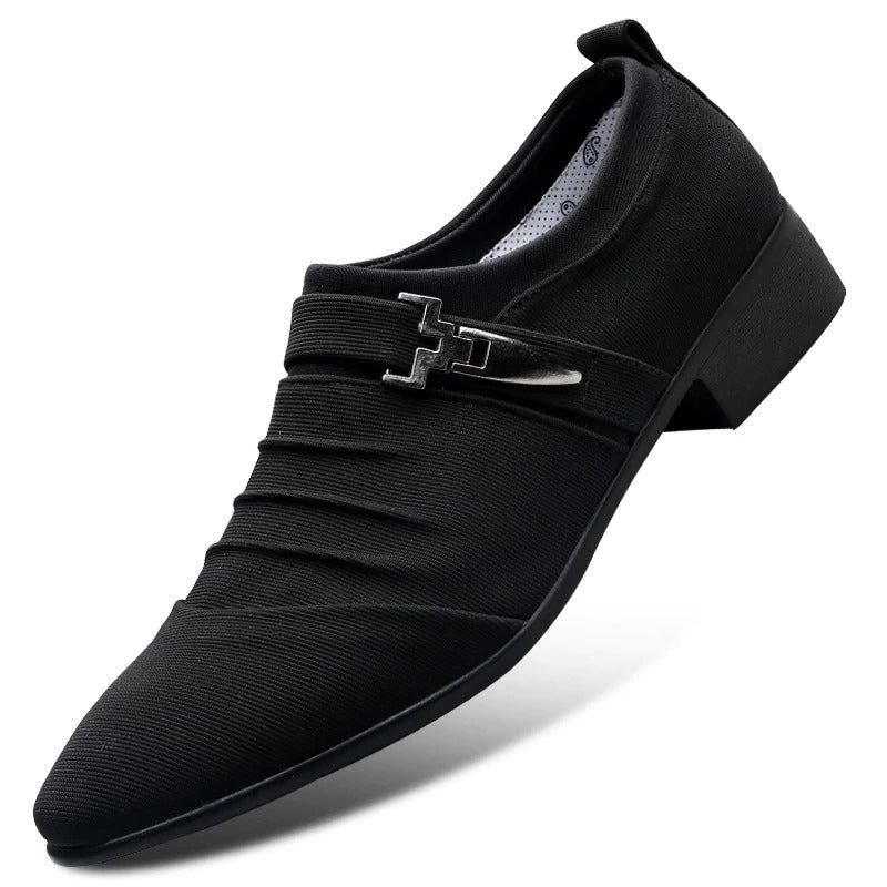 Genuine Leather Pointed Toe Canvas Dress Shoes - Men Slip On Formal Shoes