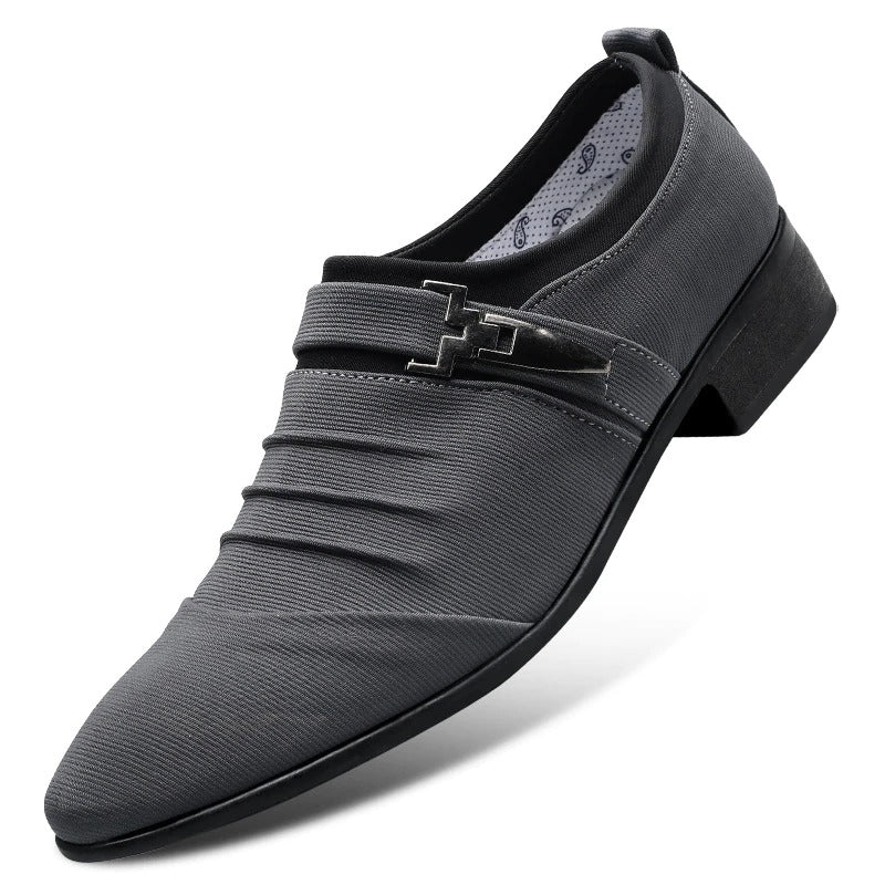Genuine Leather Pointed Toe Canvas Dress Shoes - Men Slip On Formal Shoes