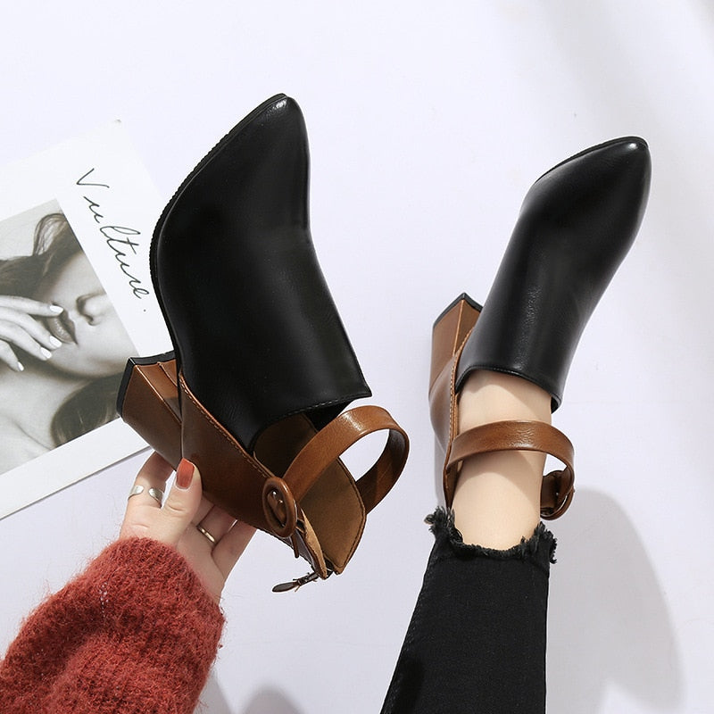 Women High Heel Dress Shoes - Leather Ankle Booties
