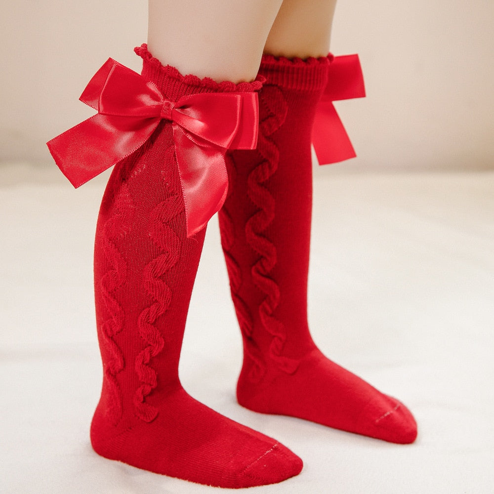 Baby Toddlers Knee-High Socks With Big Bow Design Cotton Stockings
