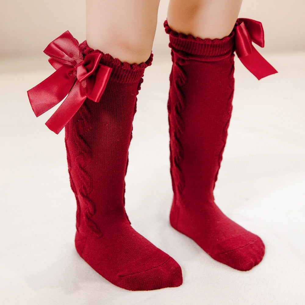 Baby Toddlers Knee-High Socks With Big Bow Design Cotton Stockings