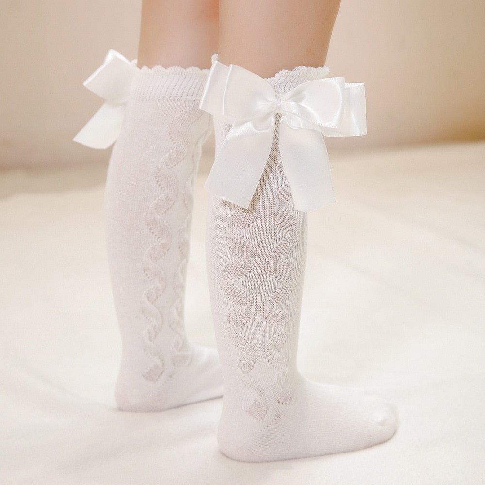 Baby Toddlers Knee-High Socks With Big Bow Design Cotton Stockings