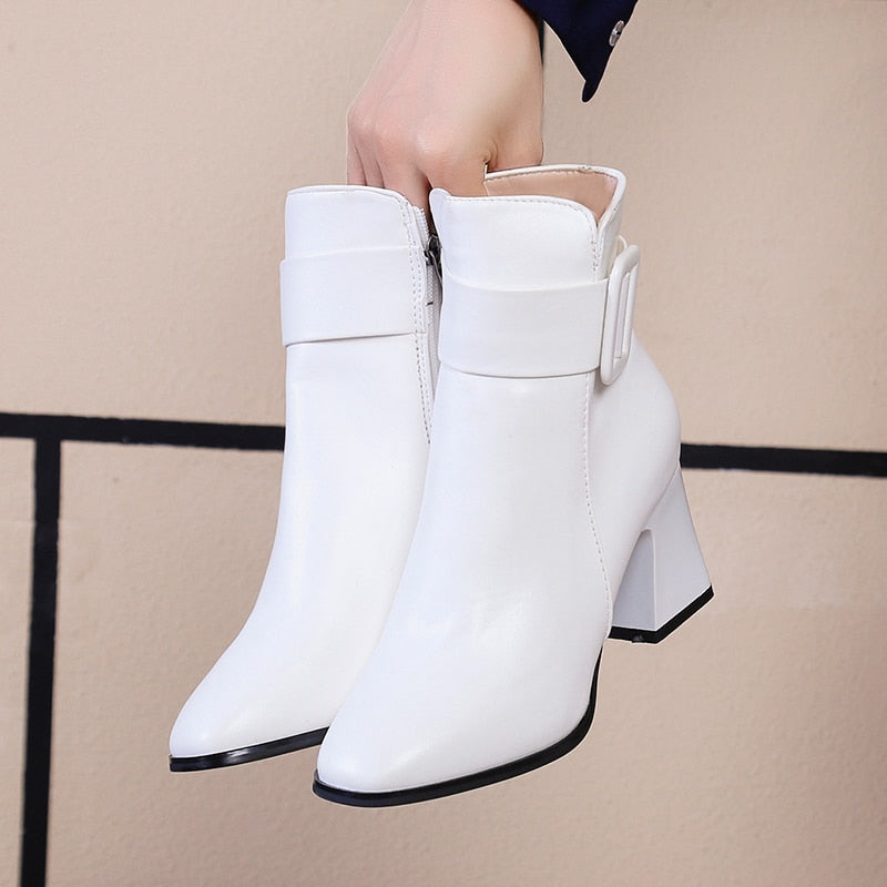 Women's Thick High Heel Boots - Pointed Toe Ankle Booties
