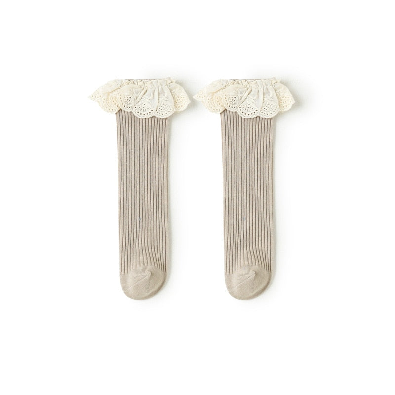 Children Leg Warmer Knee High Cotton Socks With Flower Ruffle Design