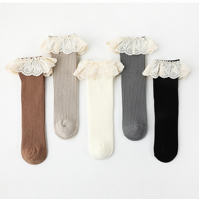 Children Leg Warmer Knee High Cotton Socks With Flower Ruffle Design