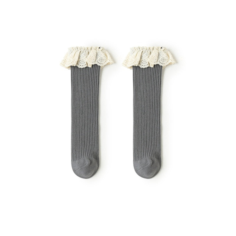 Children Leg Warmer Knee High Cotton Socks With Flower Ruffle Design