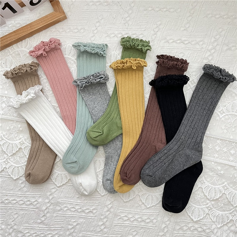 Cute Ruffle Kids Girls Long Knee High Soft Cotton Socks