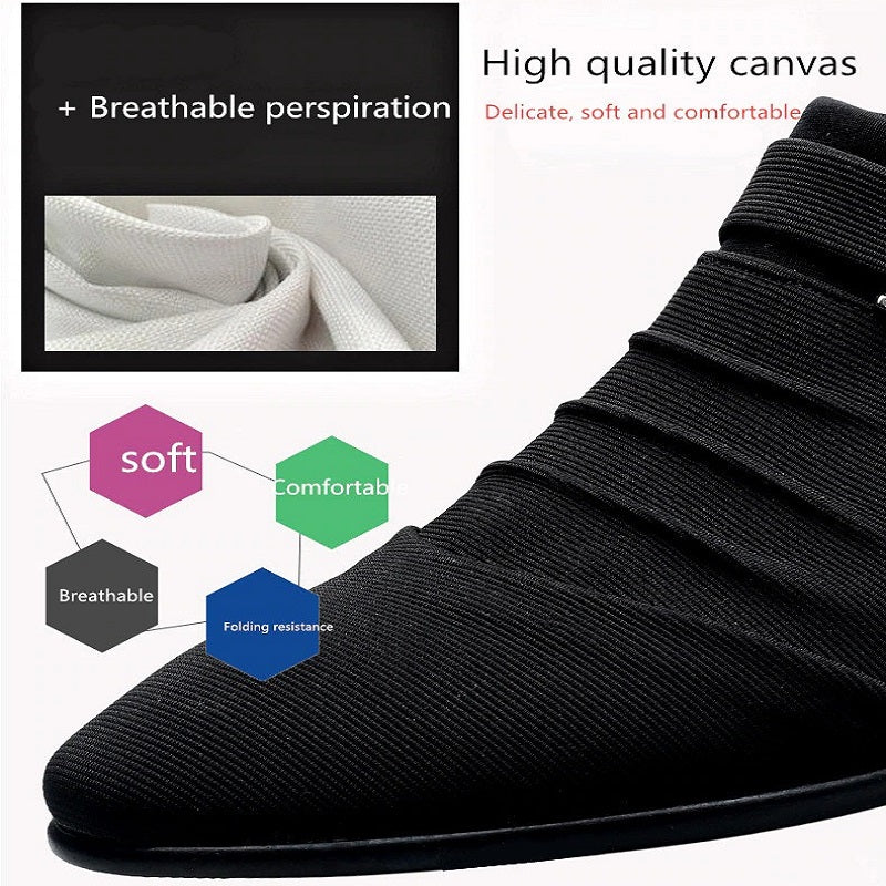 Genuine Leather Pointed Toe Canvas Dress Shoes - Men Slip On Formal Shoes
