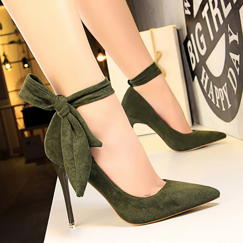 Women Suede High Heels Shoes - Bow-Knot Stiletto Pumps