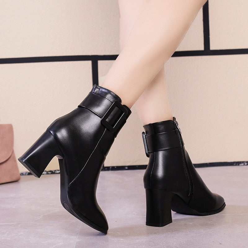 Women's Thick High Heel Boots  - Pointed Toe Ankle Booties