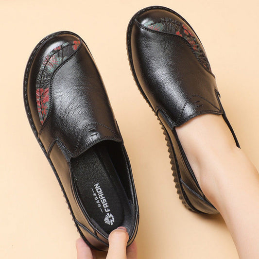 Vintage Genuine Leather Retro Flats Loafers Women Shoes With Floral Print