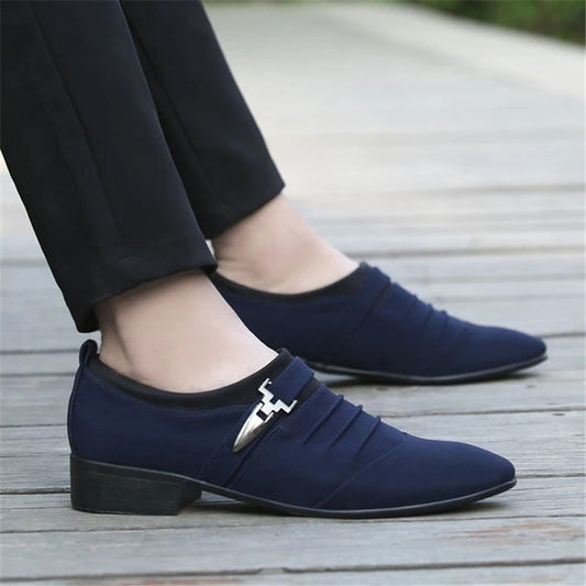 Genuine Leather Pointed Toe Canvas Dress Shoes - Men Slip On Formal Shoes