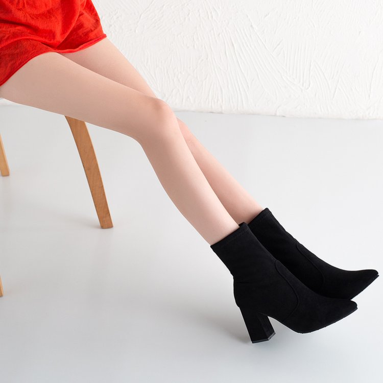 Women Thick Heel Ankle Boots - Elegant, High Heeled, Pointed Toe Booties