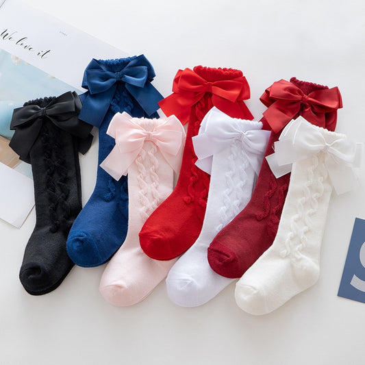 Baby Toddlers Knee-High Socks With Big Bow Design Cotton Stockings