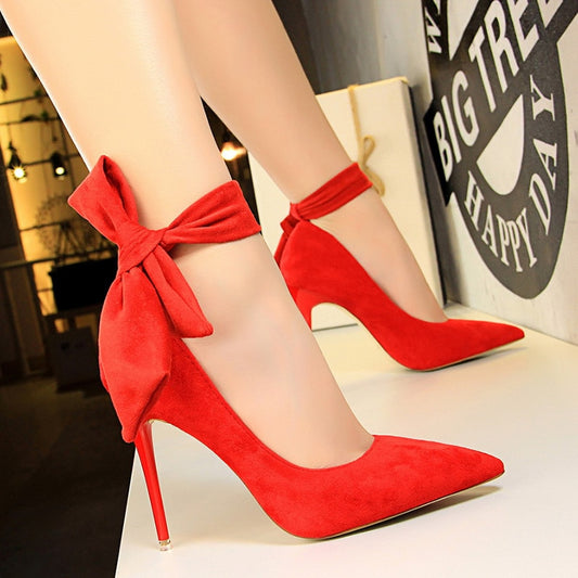 Women Suede High Heels Shoes - Bow-Knot Stiletto Pumps