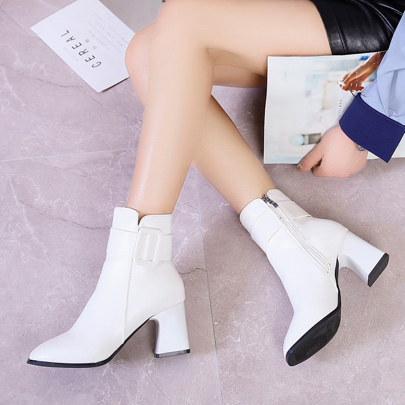 Women's Thick High Heel Boots  - Pointed Toe Ankle Booties