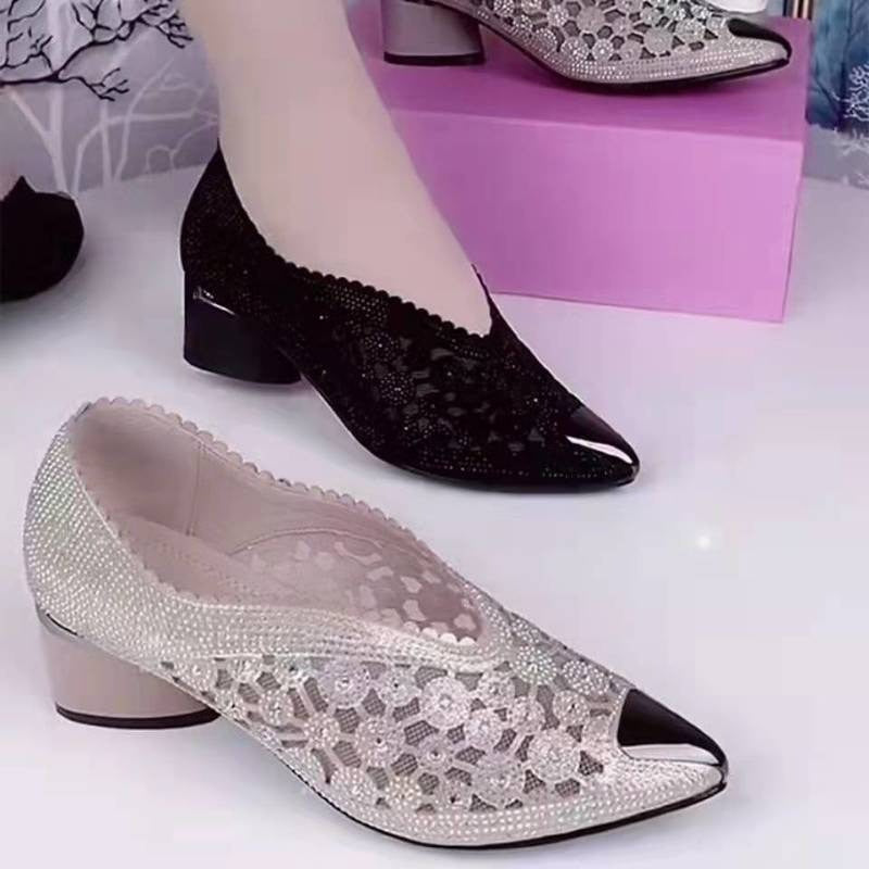 Lace Sexy Pointed Toe Women Square Heel Shoes