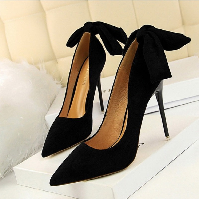 Women Suede High Heels Shoes - Bow-Knot Stiletto Pumps