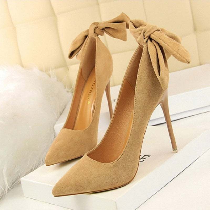 Women Suede High Heels Shoes - Bow-Knot Stiletto Pumps