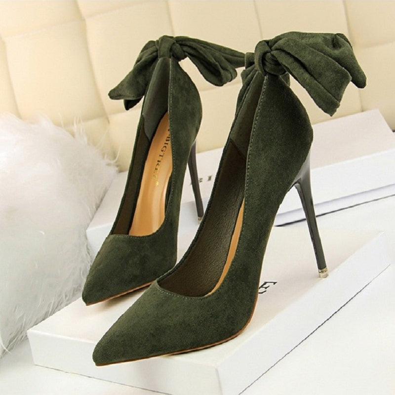 Women Suede High Heels Shoes - Bow-Knot Stiletto Pumps