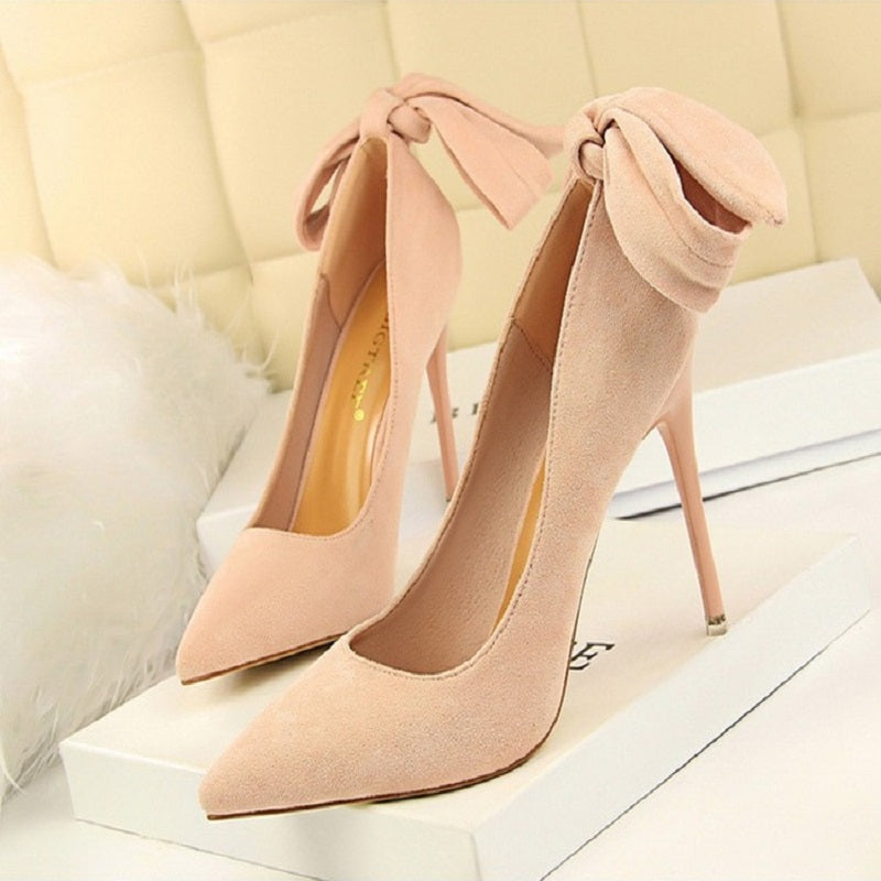 Women Suede High Heels Shoes - Bow-Knot Stiletto Pumps