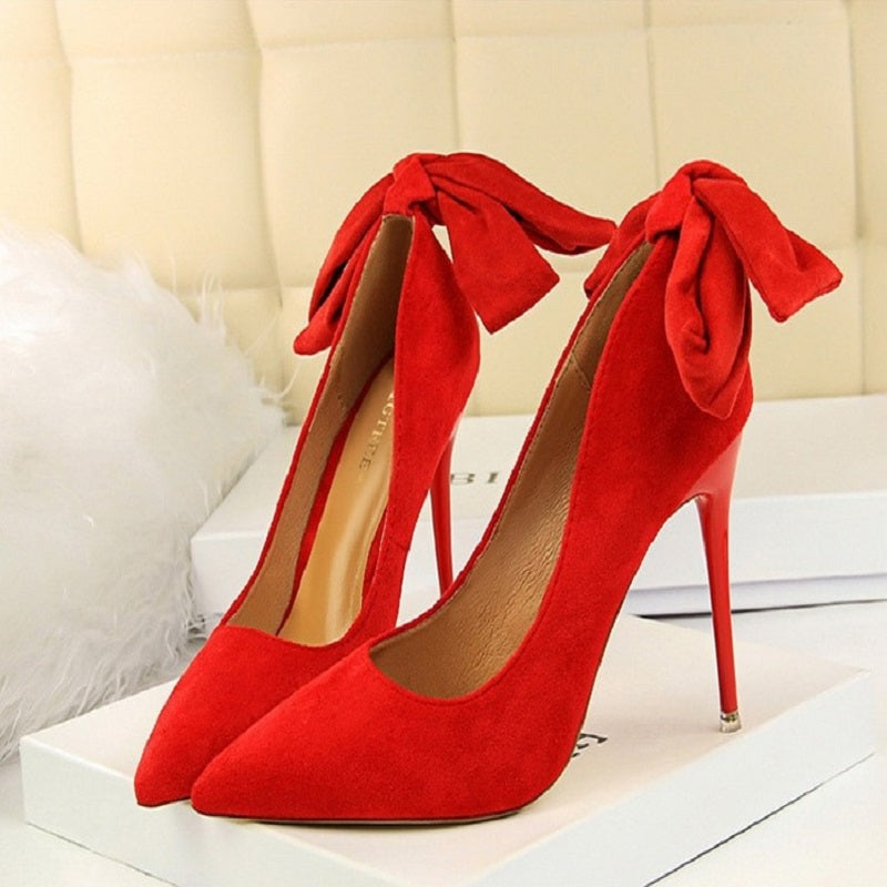 Women Suede High Heels Shoes - Bow-Knot Stiletto Pumps