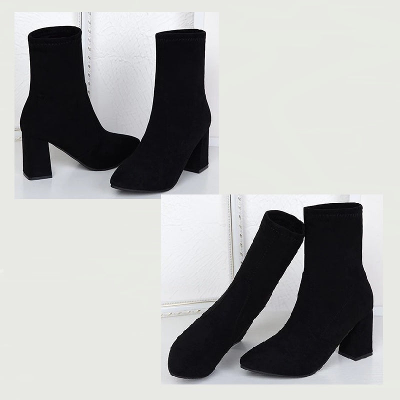 Women Thick Heel Ankle Boots - Elegant, High Heeled, Pointed Toe Booties