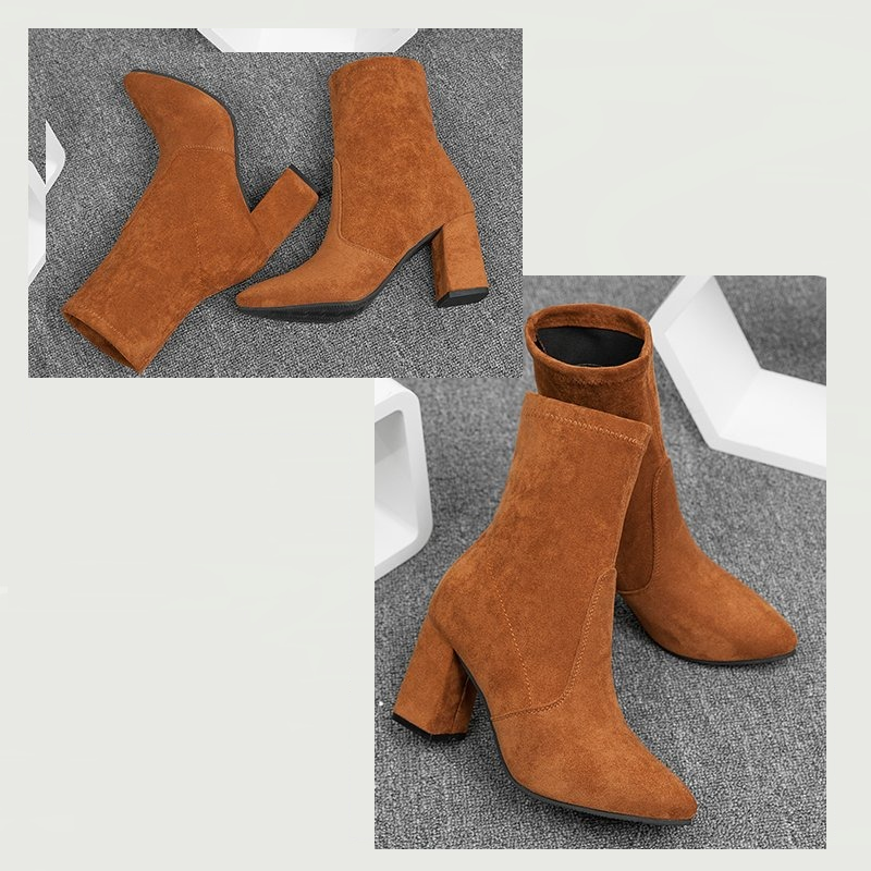 Women Thick Heel Ankle Boots - Elegant, High Heeled, Pointed Toe Booties