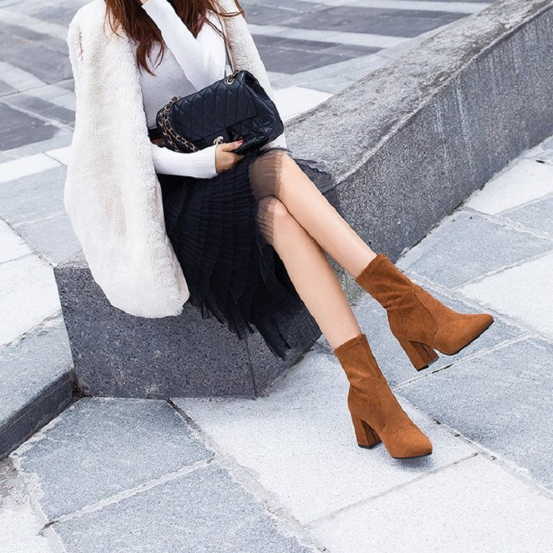 Women Thick Heel Ankle Boots - Elegant, High Heeled, Pointed Toe Booties