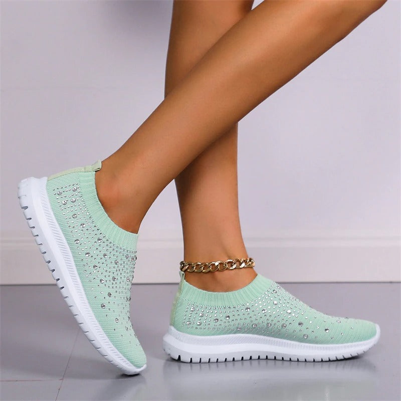 Designer Crystal Mesh Women Sneakers. Casual, Cozy, Breathable, Vulcanized Running Shoes